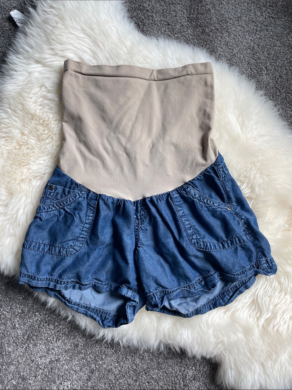 Motherhood Maternity Beige Panel with Blue Denim-Look High-Waist Shorts